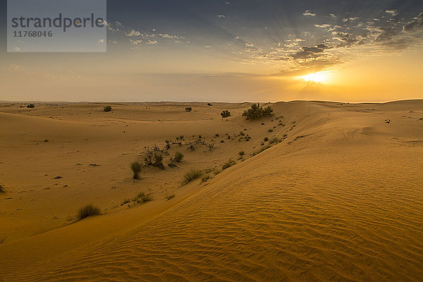 Sonnenaufgang über Sanddünen in der Wüste von Dubai  Dubai  Vereinigte Arabische Emirate  Naher Osten