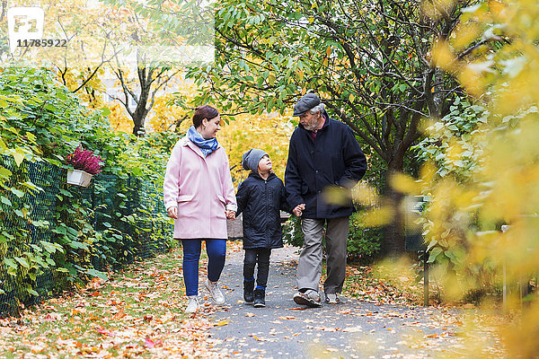 Ganztägige Wanderung des Jungen mit Urgroßvater und Mutter im Park im Herbst
