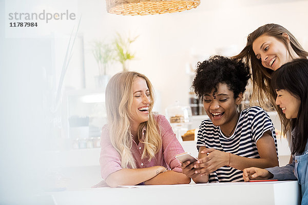 Gruppe junger Frauen  die sich Smartphone anschauen und gemeinsam im Cafe lachen