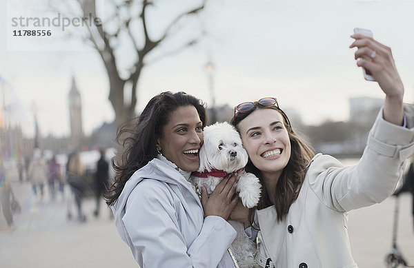 Verspieltes  lächelndes lesbisches Paar mit weißem Hund  das sich selbst mit Fotohandy im Stadtpark  London  UK nimmt