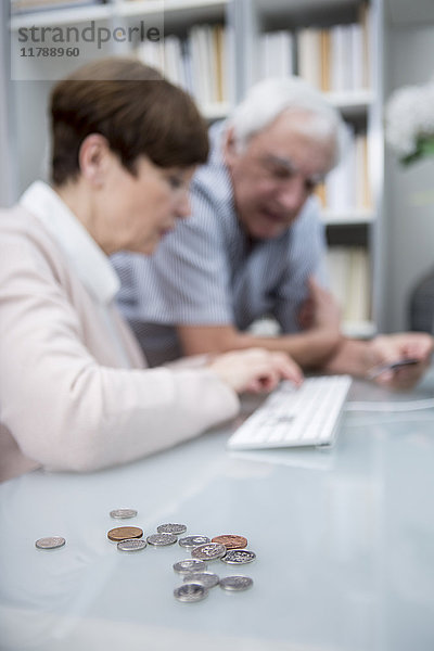 Seniorenpaar mit Computer und kleinem Bargeld im Vordergrund