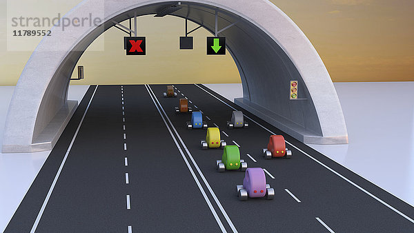 3D Rendering  Autos folgen dem grünen Pfeil unter dem Tunnel