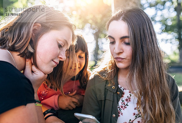 Drei Mädchen mit Smartphone im Freien