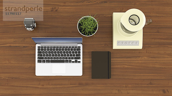 Laptop  Kamera  Notebook  Weizengras und Mixer auf dem Schreibtisch