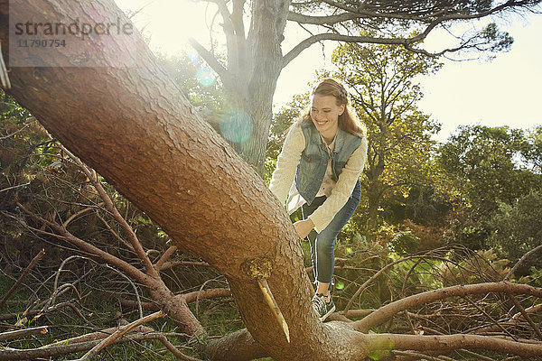 Lächelnde junge Frau klettert auf Baumstamm