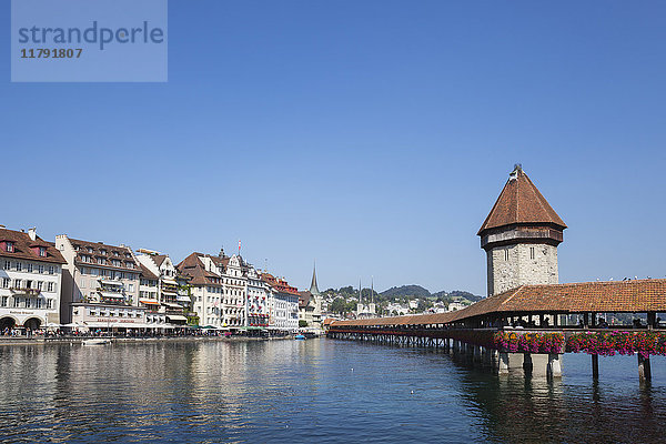 Schweiz  Luzern  Blick auf Kapellbrücke und Wasserturm am Vierwaldstättersee
