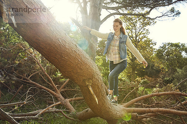 Junge Frau balanciert auf Baumstamm