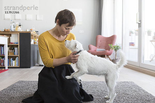 Frau spielt mit ihrem Hund im Wohnzimmer