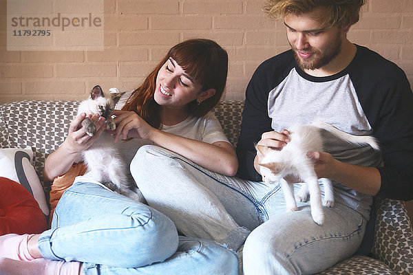 Junges Paar mit Kätzchen auf der Couch zu Hause
