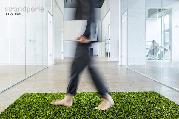 Ein reifer Geschäftsmann  der barfuß auf einem Grasteppich im Büro läuft.