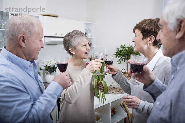 Zwei ältere Paare beim Feiern  Toast mit Rotwein