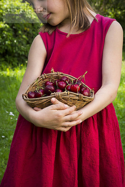 Kleines Mädchen in rotem Sommerkleid mit Kirschkorb  Teilansicht