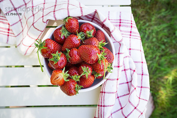 Schale mit Erdbeeren und Küchentuch auf Gartentisch