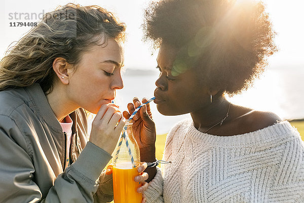 Zwei beste Freunde trinken Orangensaft im Freien.