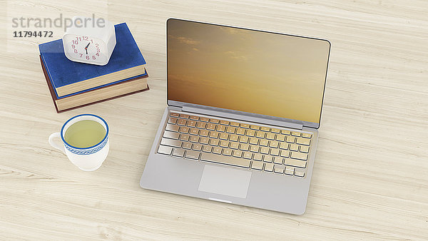 3D Rendering  Laptop auf Schreibtisch mit Tasse Tee und Uhr auf Büchern