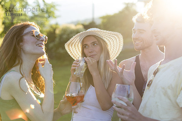 Vier Freunde beim Trinken und Reden im Garten