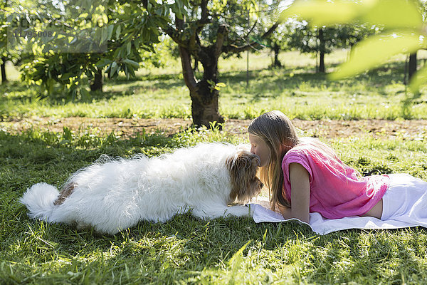 Mädchen mit Hund auf der Wiese liegend
