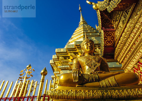 Thailand  Chiang Mai  Tempel Wat Phra That Doi Suthep  verzierte goldene Statue und chedi