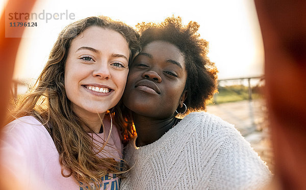 Zwei beste Freunde  die einen Selfie im Freien machen.