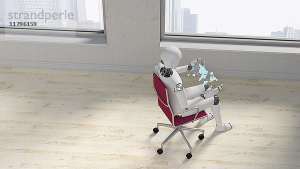 Roboter auf Bürostuhl sitzend mit futuristischem Tablett  3D-Rendering