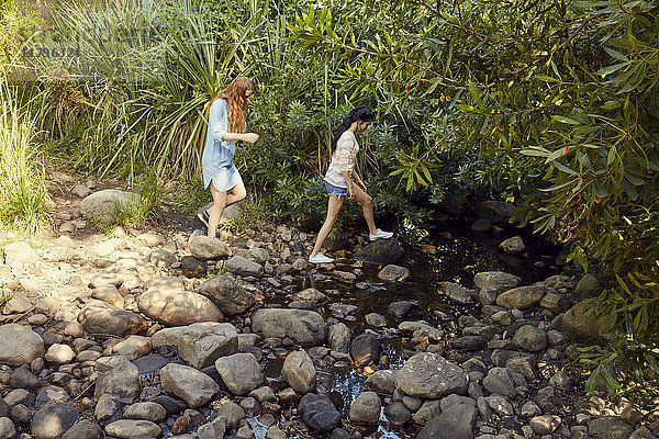Zwei junge Frauen in der Natur überqueren einen Bach