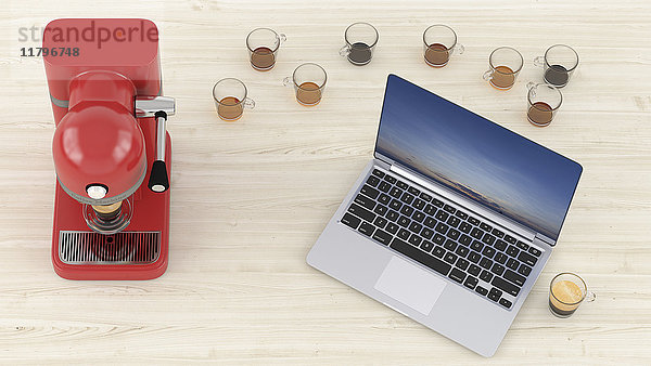 3D Rendering  Laptop auf Schreibtisch mit vielen leeren Kaffeetassen und Espressomaschine