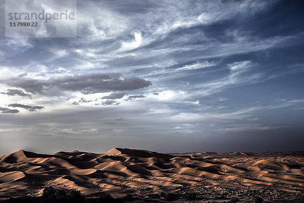 Wüstenlandschaft mit Sanddünen unter bewölktem Himmel.