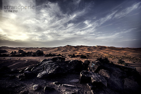 Felsige Wüstenlandschaft mit fernen Sanddünen unter bewölktem Himmel.