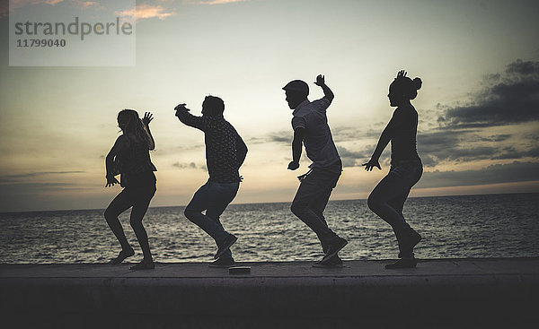 Vier Menschen tanzen in einer Reihe auf einer Seemauer vor dem Meer.