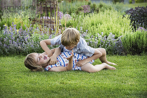Lächelnder Junge und lächelndes Mädchen in einem Garten  rauflustig  spielen zusammen  spielen sich auf einem Rasen.