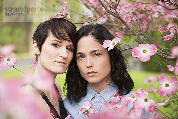 Ein gleichgeschlechtliches Paar  zwei Frauen unter den Zweigen eines blühenden Baumes.