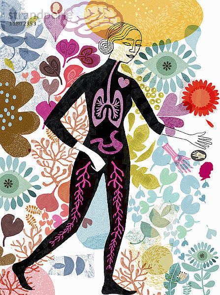 Frau mit sichtbaren inneren Organen umgeben von Blumen
