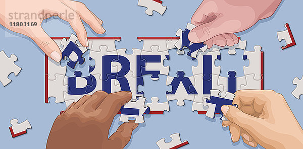 Hände arbeiten zusammen  um ein Brexit-Puzzle zu lösen