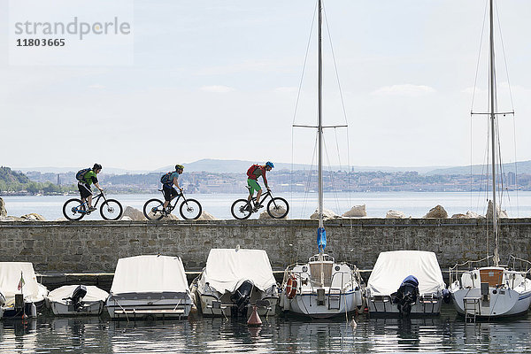 Radfahrer fahren auf dem Steg über dem See  an dem Segelboote vor Anker liegen
