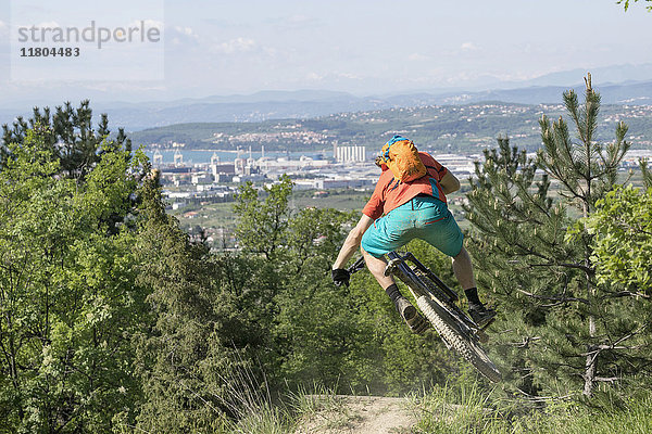 Rückansicht eines Mountainbikers  der einen Stunt auf seinem Fahrrad vollführt