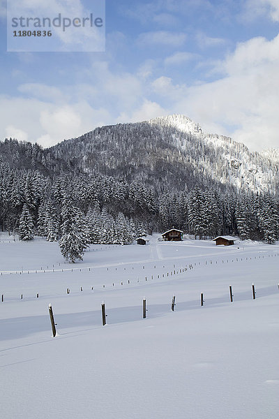 Holzpfosten auf schneebedeckter Landschaft mit Bäumen auf dem Berg und Häusern im Hintergrund