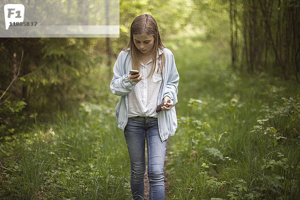 Mädchen benutzt Mobiltelefon im Wald