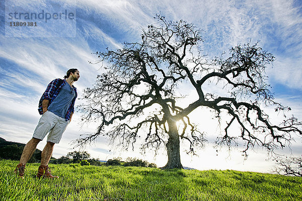 Kaukasischer Mann steht auf einem Feld in der Nähe eines Baumes