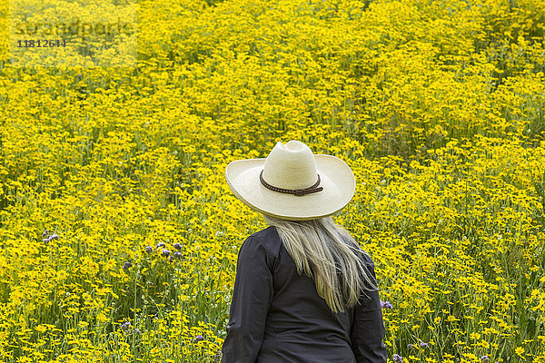 Kaukasische Frau in einem Feld mit gelben Blumen