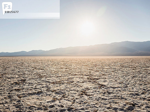 Flache  trockene Schlammlandschaft im Badwater-Becken im Death Valley National Park  Kalifornien  USA