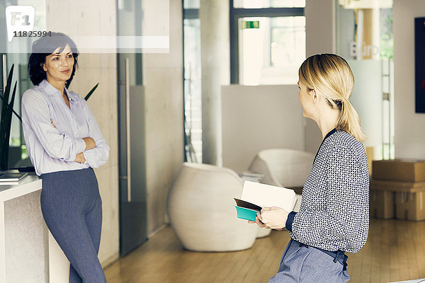 Zwei Geschäftsfrauen unterhalten sich in einem stilvollen Büro