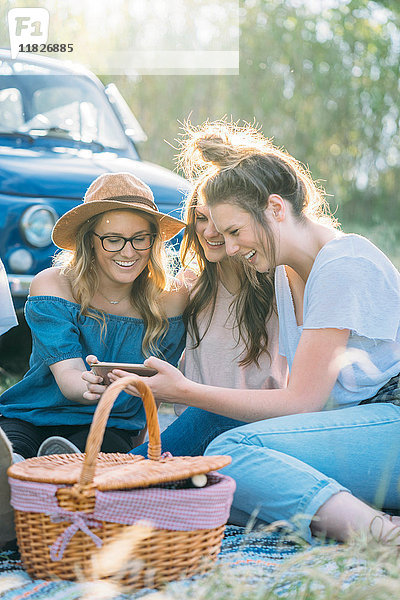 Freunde beim Picknick mit Blick auf das Smartphone lächelnd  Firenze  Toskana  Italien  Europa