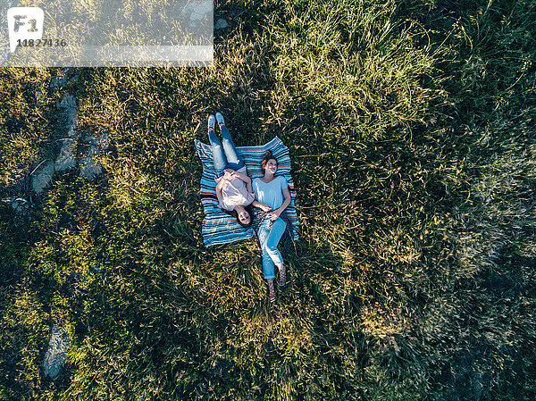 Blick von oben auf Freunde  die auf einer Decke im Gras liegen  Firenze  Toskana  Italien  Europa