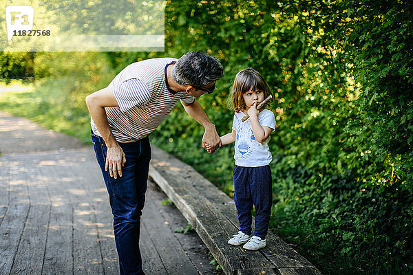 Vater und kleines Mädchen genießen Naturspaziergang