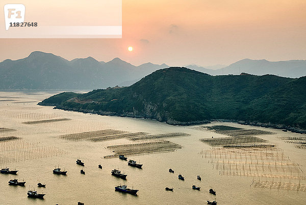 Traditionelle Fischerboote bei Sonnenaufgang  Huazhu  Fujian  China