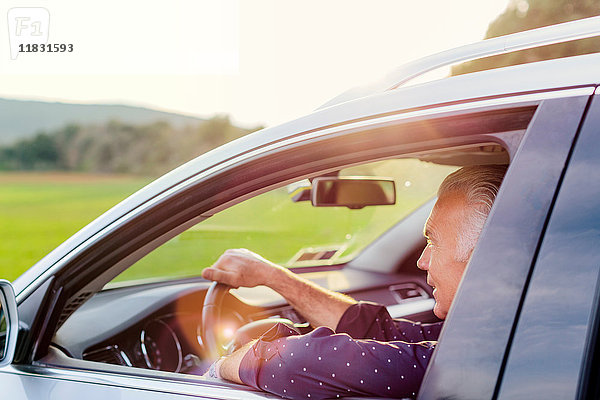 Älterer männlicher Tourist beim Autofahren  Siena  Toskana  Italien