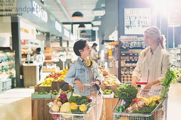 Junge befreundete Frauen mit Einkaufswagen im Gespräch im Lebensmittelmarkt