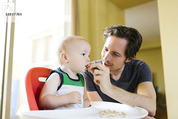 Vater füttert Sohn (12-17 Monate) mit Frühstückscerealien