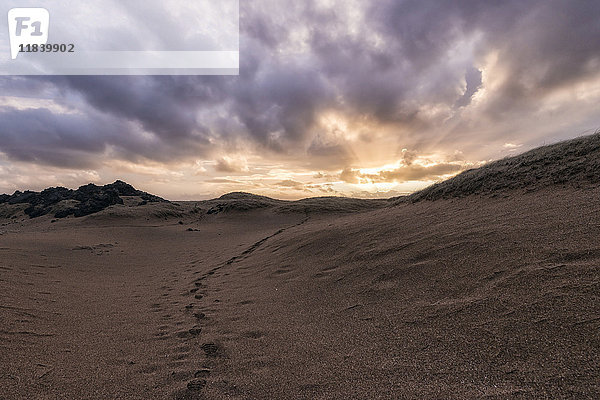 Fußabdrücke im Sand bei Sonnenuntergang