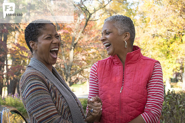 Afroamerikanische Frauen halten sich an den Händen und lachen im Freien